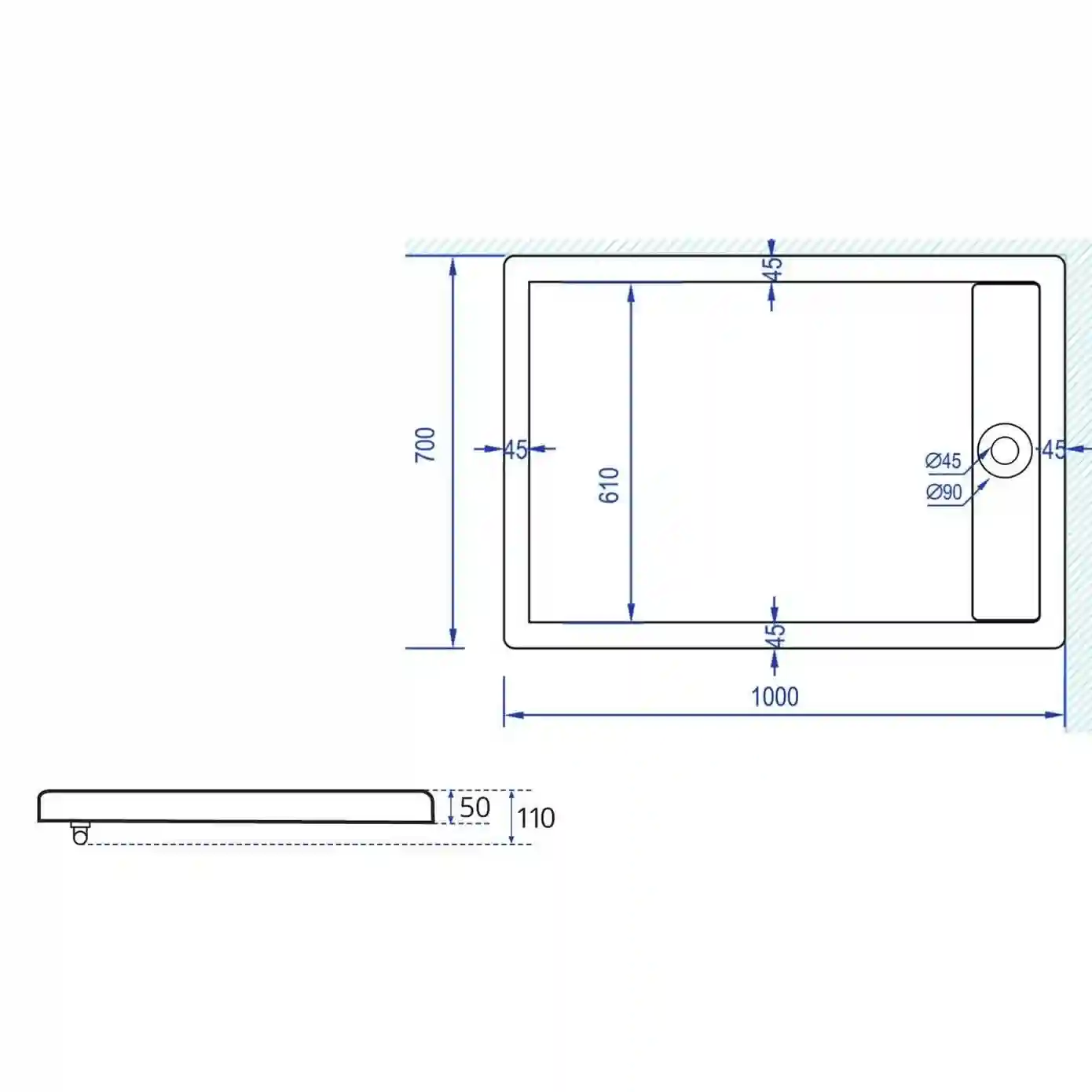 שרטוט טכני אגנית אקרילית MTI-260 מידות 100X70 ס"מ.