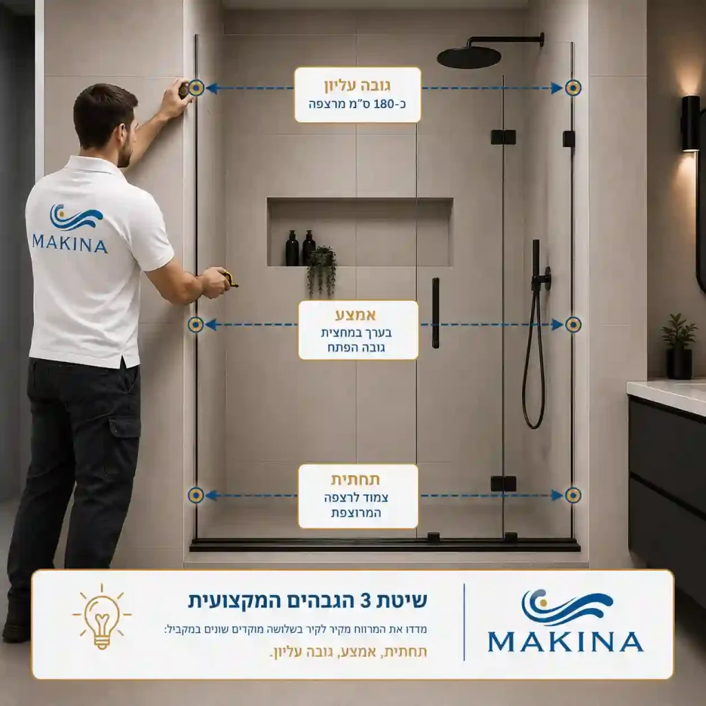 איש מקצוע מודד פתח למקלחון חזית בשלושה גבהים – תחתית, אמצע וחלק עליון – לצורך התאמה מדויקת של המקלחון.
