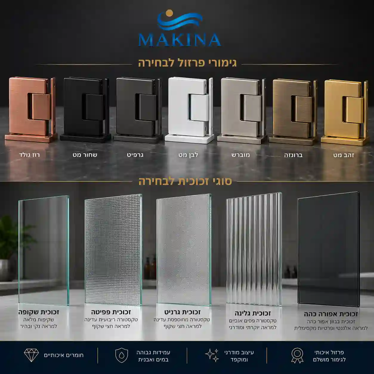 גימורי פרזול למקלחוני חזית וסוגי זכוכית שונים, כולל זכוכית שקופה, פפיטה, גרניט, גלינה ואפורה כהה מבית MAKINA.